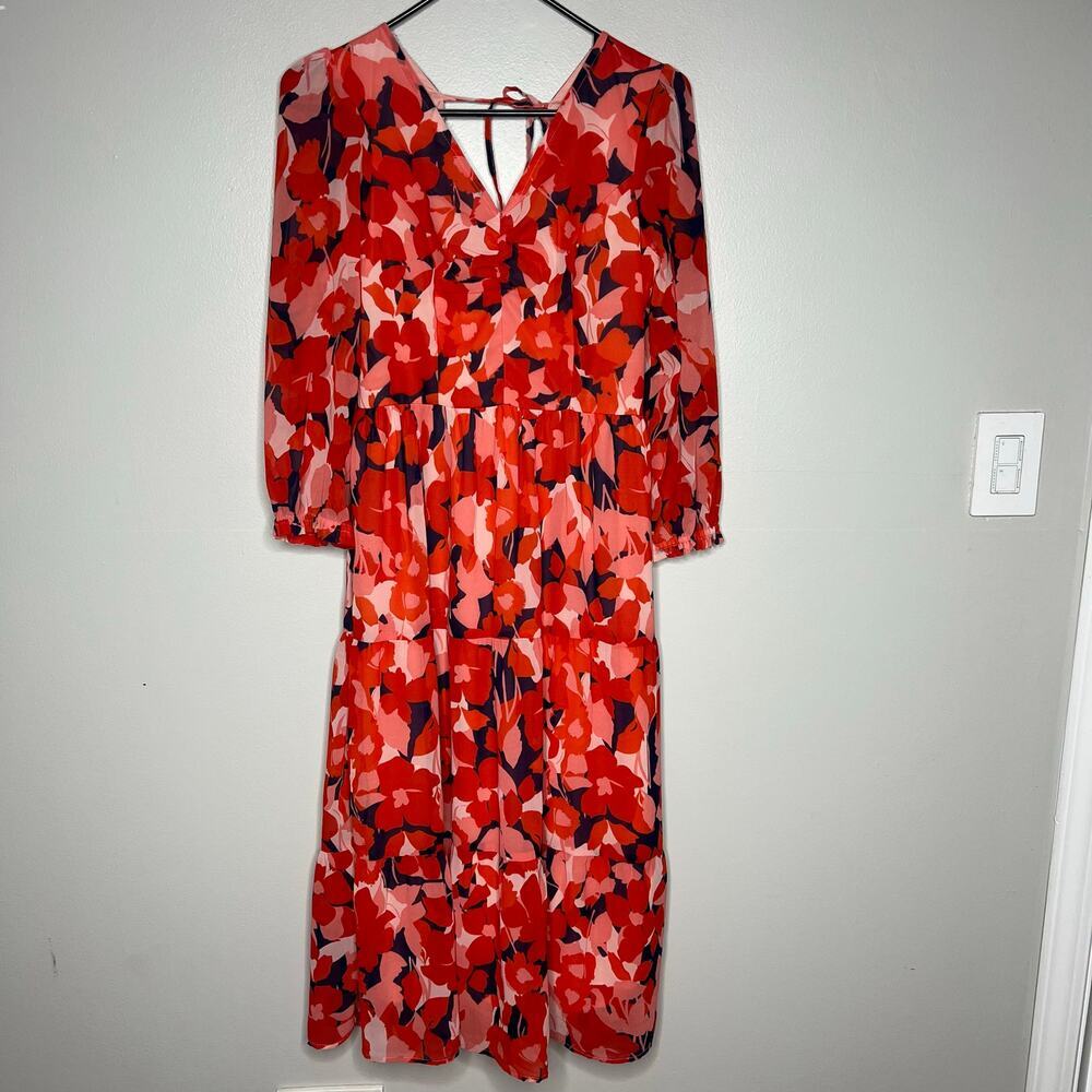 Sincerely Jules Red Floral Maxi Dress Sz M 3/4 Sleeve Smocked Back V-Neck Lined